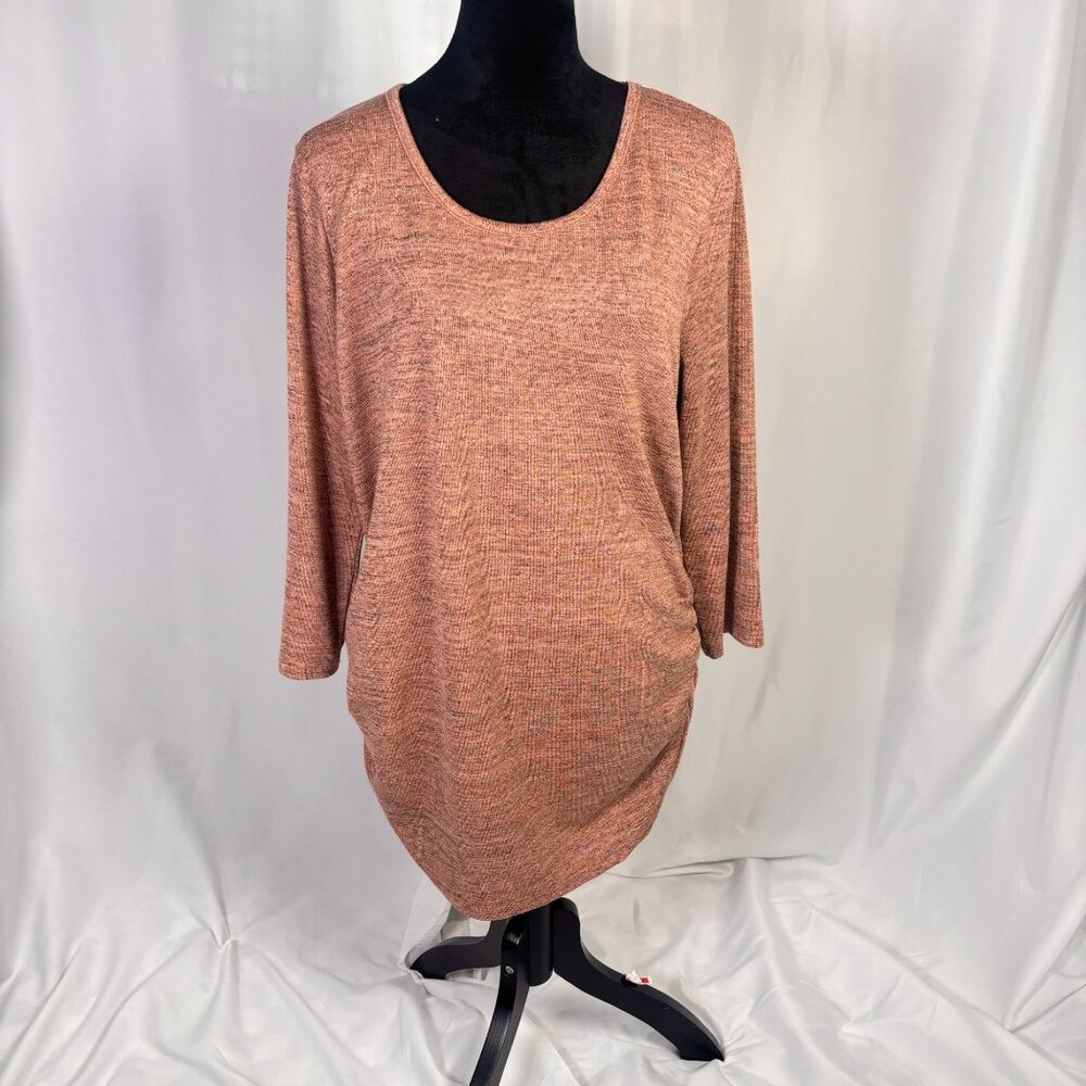 Rust Heather Knit Tunic Top With Crochet Lace Back Accent & Side Ruched Details